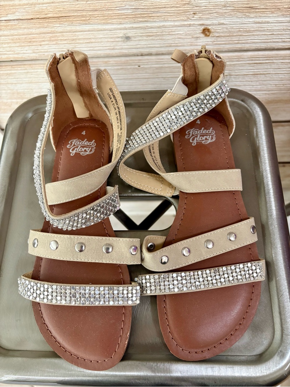 Faded Glory Beige Rhinestone Studded Gladiator Sandals